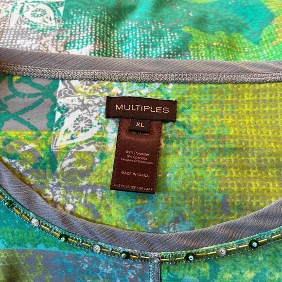 MULTIPLES MISS LIMEZINNA Multi Greens & Gray Tunic Bead & Chiffon Details NWT XL - Picture 12 of 16